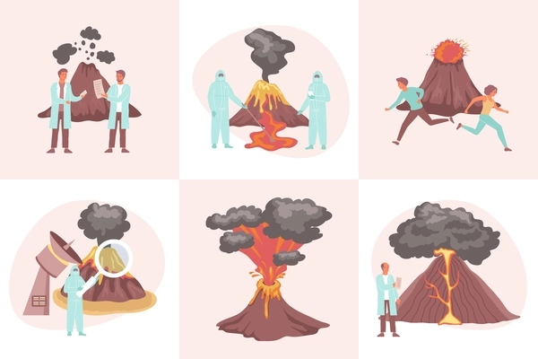 Set of six square volcano flat compositions with human characters of observers and scientists watching eruption vector illustration