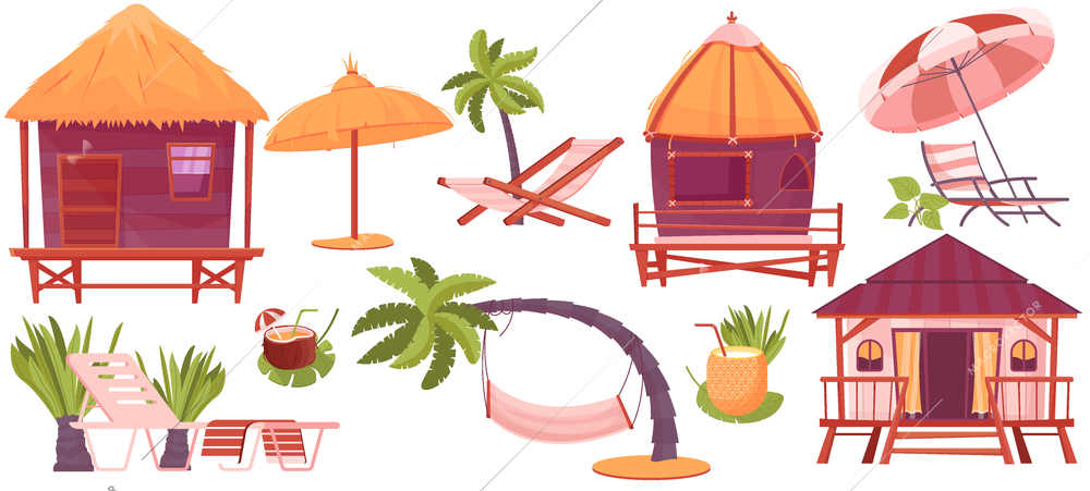 Tropic rest flat icons set of bungalow and  equipment for beach vacation isolated vector illustration