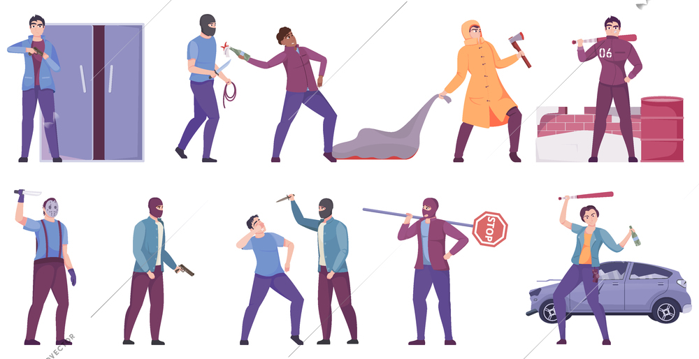 Criminal flat set of armed adult people in masks threatening law abiding citizens isolated vector illustration