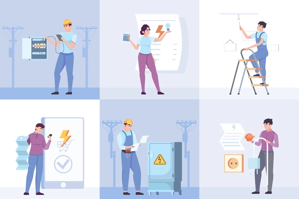 Electricity energy maintenance six square compositions with technicians working with equipment flat vector illustration