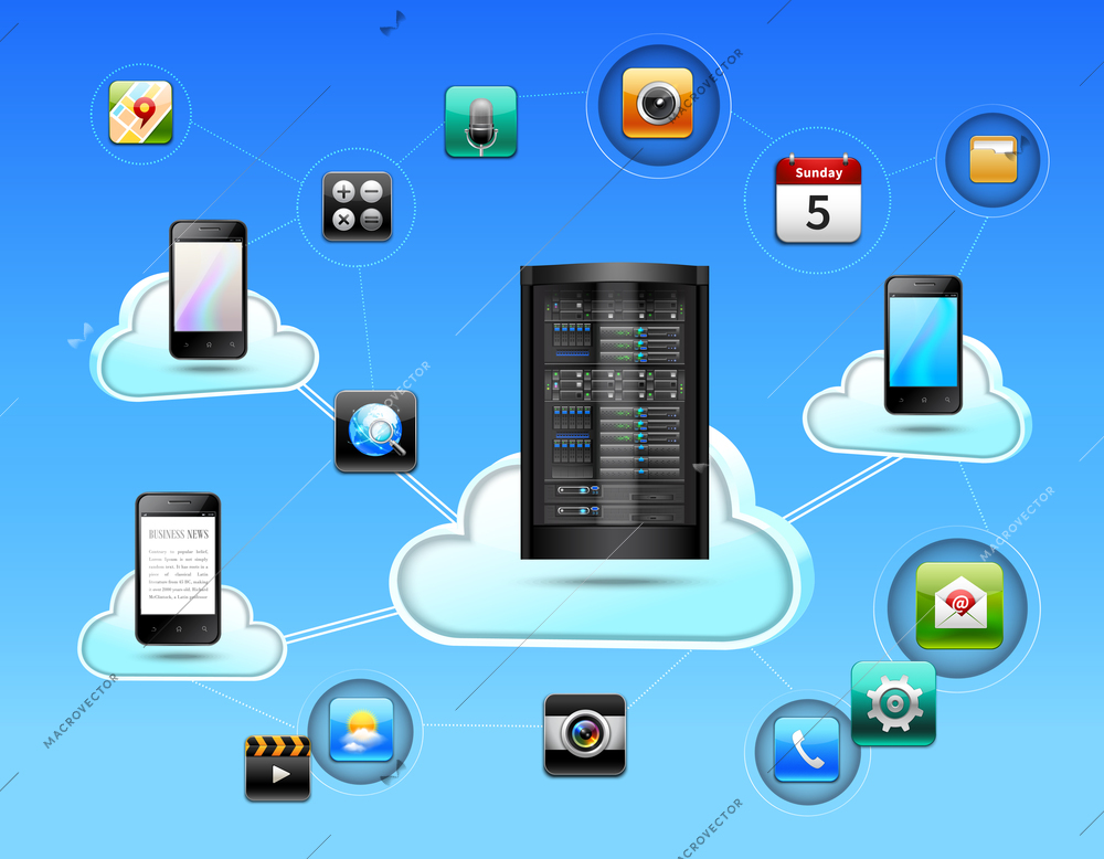 Cloud network concept with database and mobile communication technologies realistic vector illustration