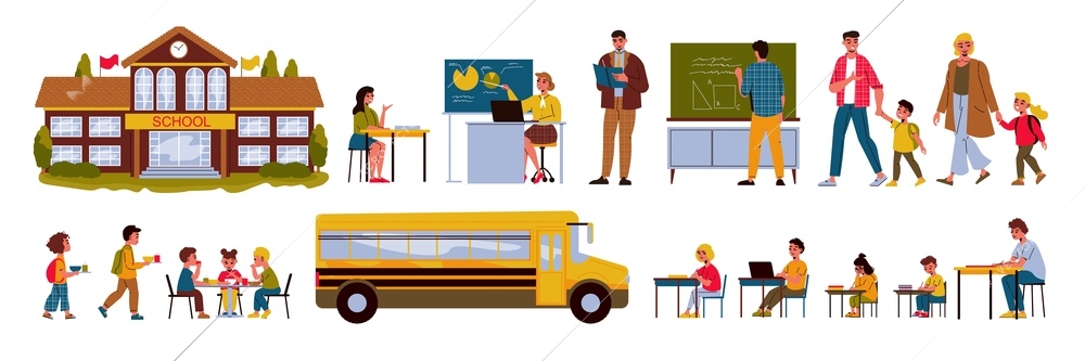 School and study set with education symbols flat isolated vector illustration