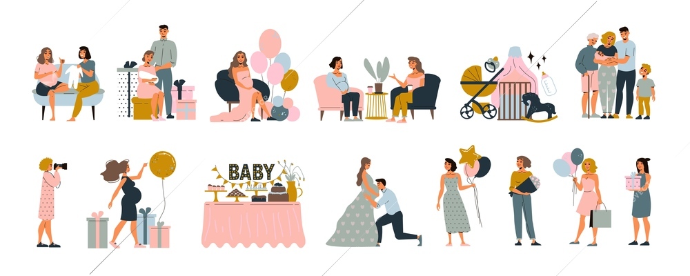 Baby shower party set with sip and see event symbols flat isolated vector illustration