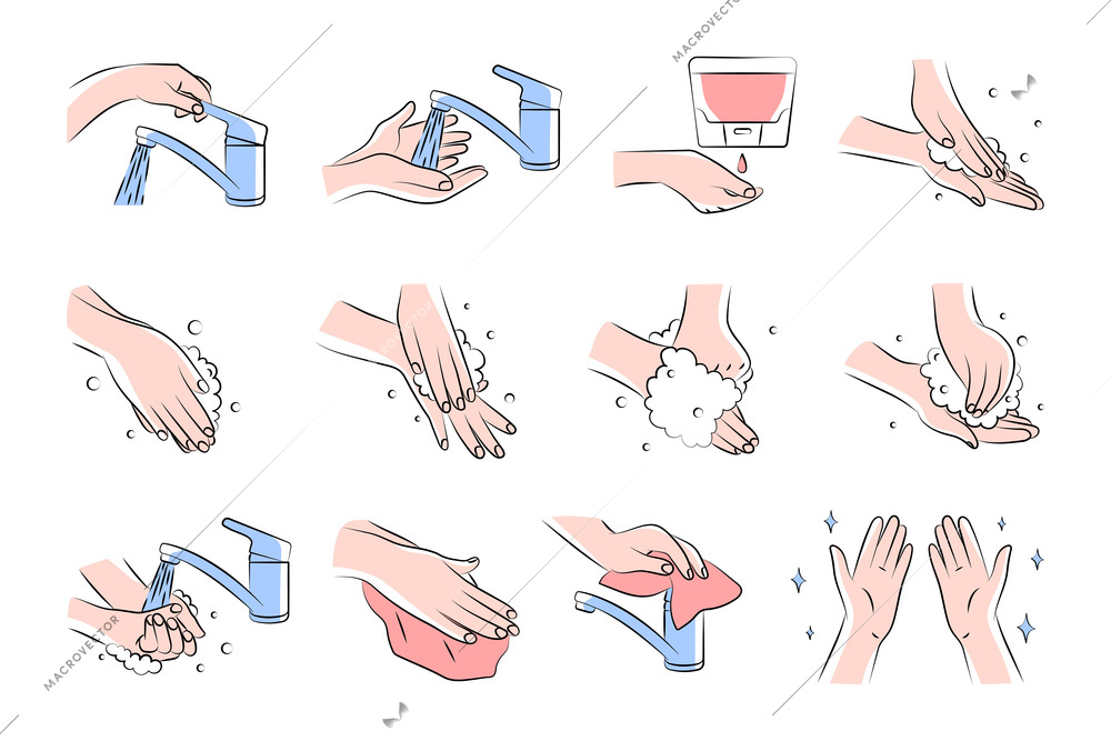 Steps to thoroughly hand washing for prevent illness of virus infection isolated icons set flat vector illustration