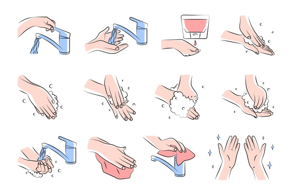 Steps to thoroughly hand washing for prevent illness of virus infection isolated icons set flat vector illustration