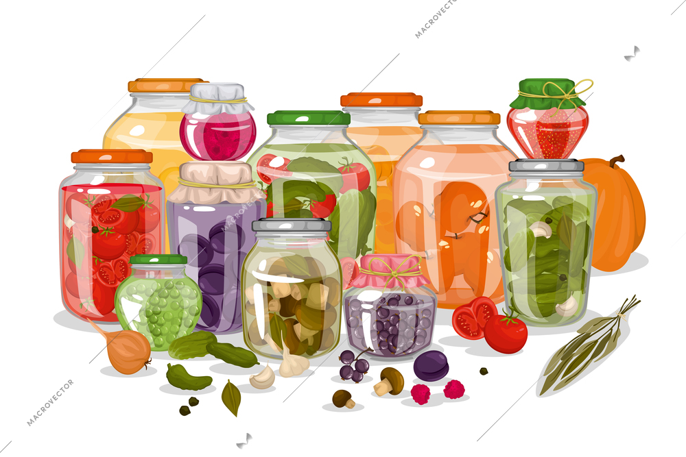 Homemade pickles colorful composition with different shape glass jars full of canned fruits and vegetables flat vector illustration