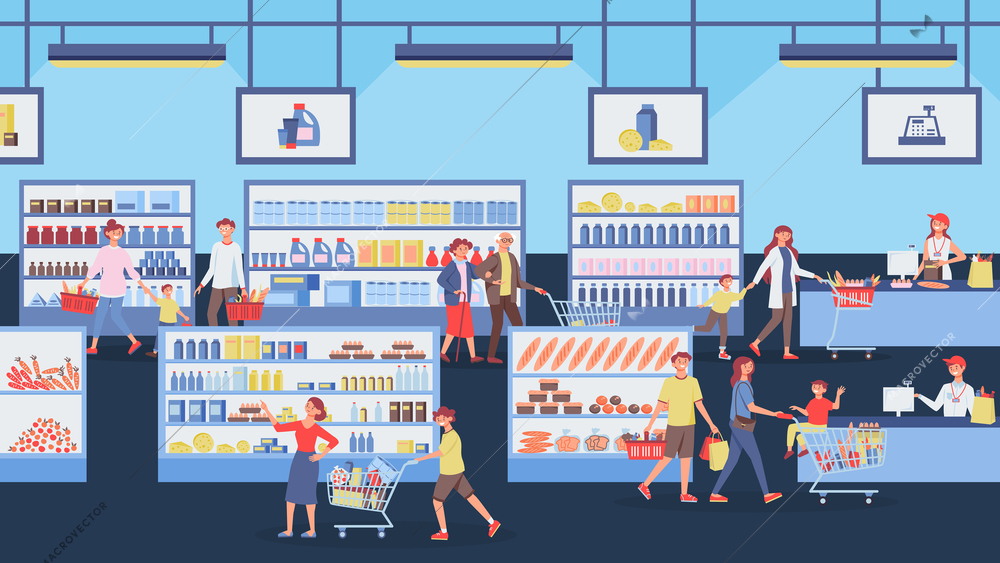 Shopping family composition with indoor view of supermarket with shelves and fridges walking adults and children vector illustration