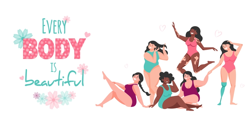 Body positive composition of ornate text with flower icons and cartoon style characters of happy women vector illustration