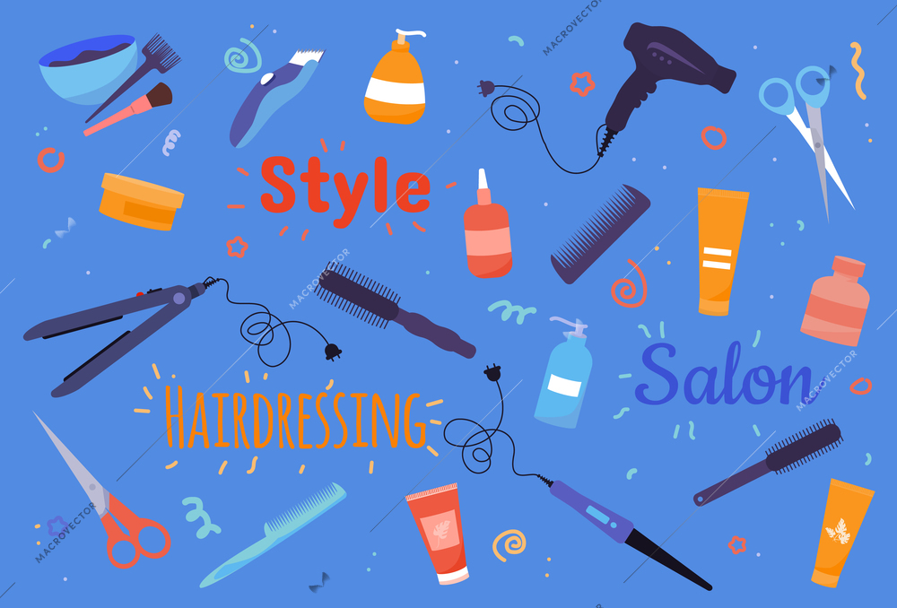 Hairdressing salon flat composition with various hairdresser tools and cosmetic products on blue background vector illustration