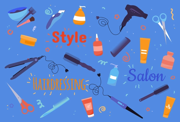 Hairdressing salon flat composition with various hairdresser tools and cosmetic products on blue background vector illustration