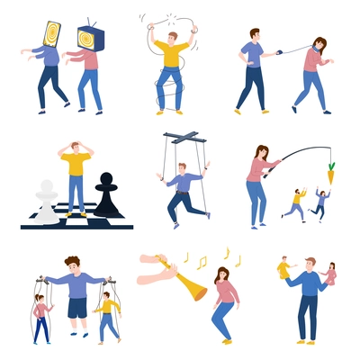 Psychological manipulation and control over people flat concept icons set with marionettes slaves chess pieces dancing to pipe zombies isolated vector illustration