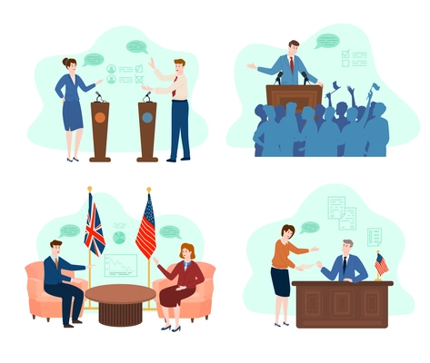 Flat 2x2 compositions set with male and female politicians participating in debates press conference working at office isolated vector illustration