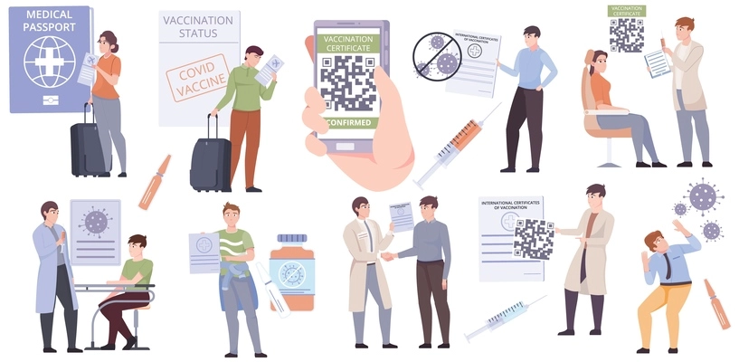 Flat coronavirus vaccine set of vaccinated people getting vaccination certificate qr code travelling with medical passport isolated vector illustration