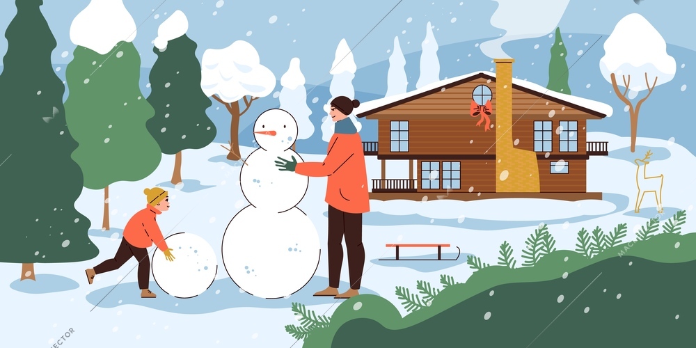 Winter countryside nature background with father and his little son making snowman near wooden cottage flat vector illustration