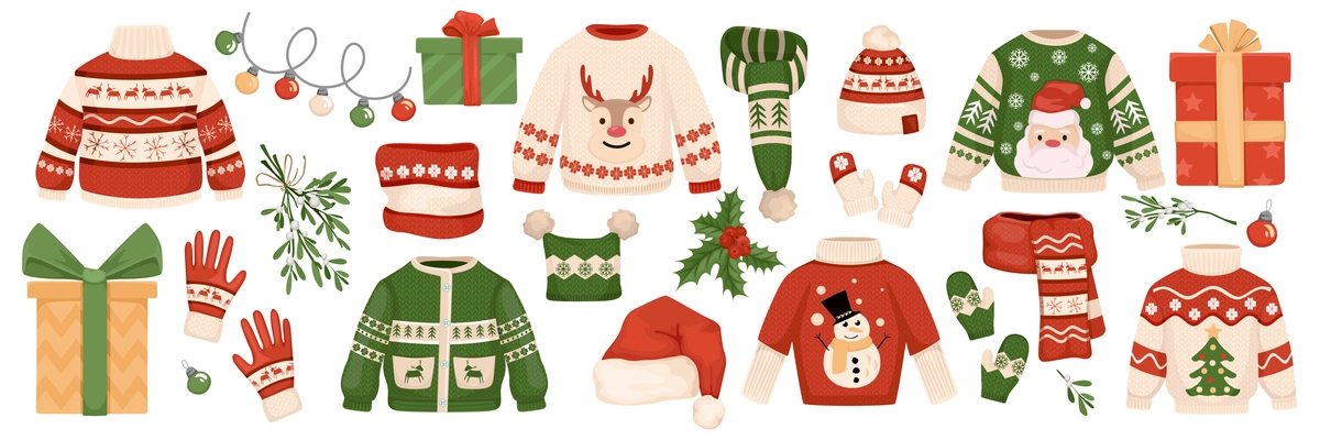 Handmade christmas set with isolated icons of festive decorations gifts and images of knitwear with sweaters vector illustration