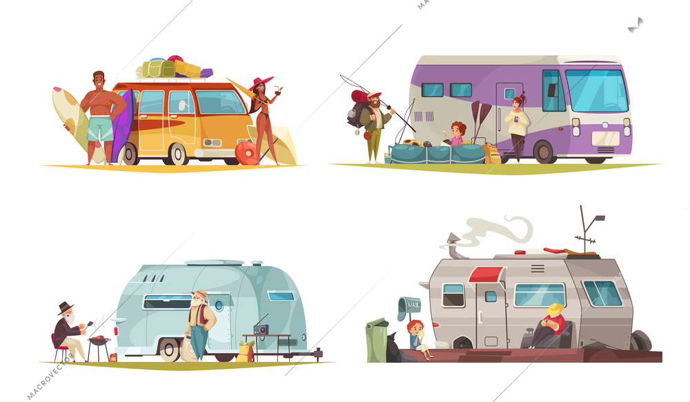 Camping recreational vehicles concept 4 cartoon compositions with vacationers near trailer camper bus mobile home vector illustration