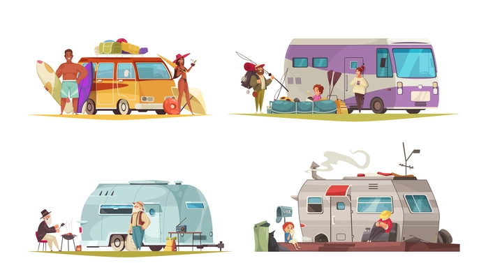 Camping recreational vehicles concept 4 cartoon compositions with vacationers near trailer camper bus mobile home vector illustration