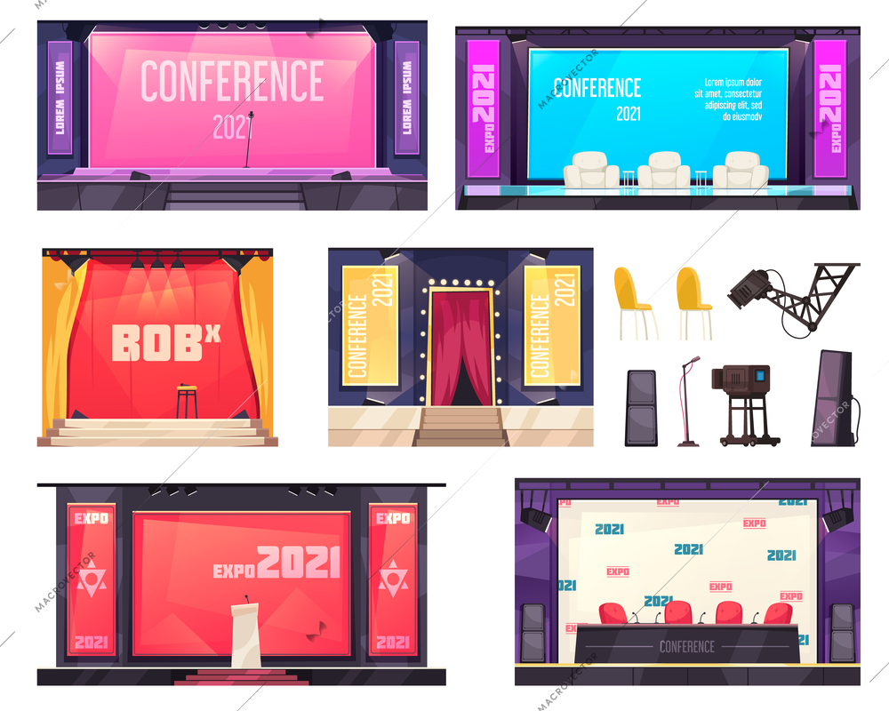 Conference hall set with presentation symbols flat isolated vector illustration