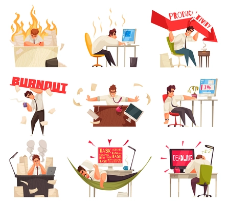 Professional burnout design set with work crisis symbols flat isolated vector illustration