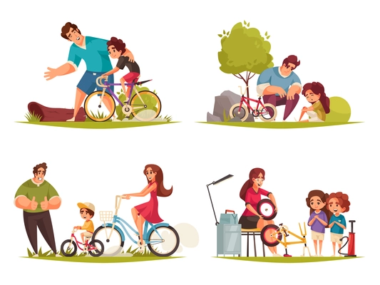 Cycle family set with sport and activity symbols flat isolated vector illustration