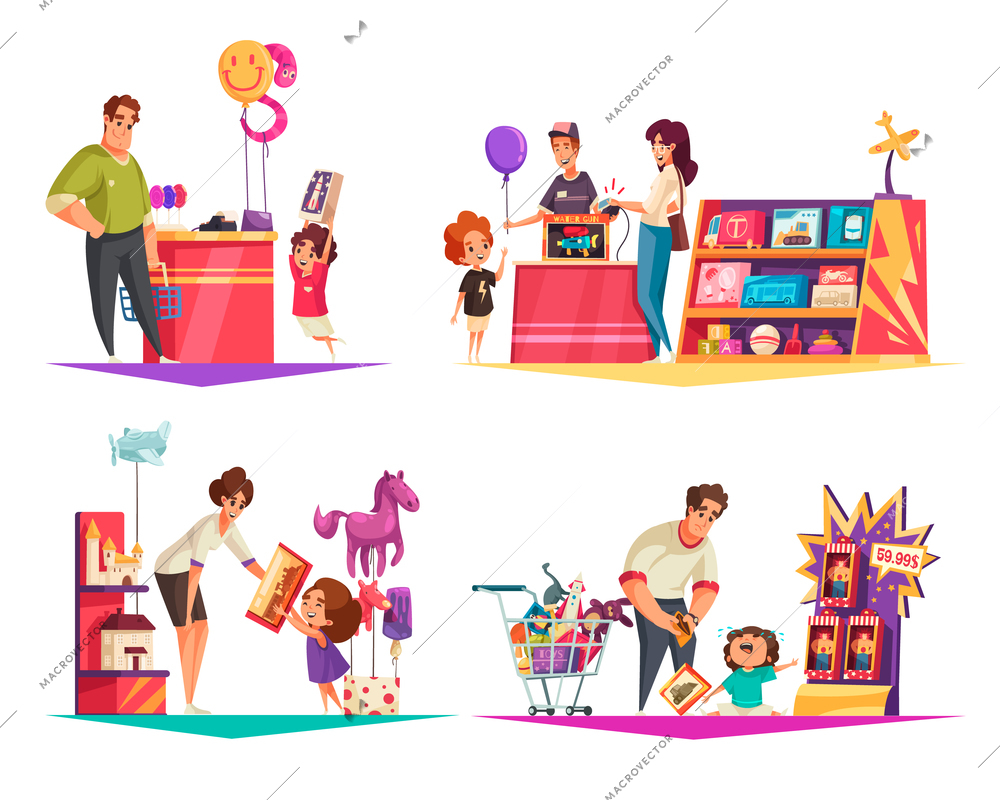 Toys shop 2x2 design concept set of adult and their children in store interior cartoon compositions flat vector illustration