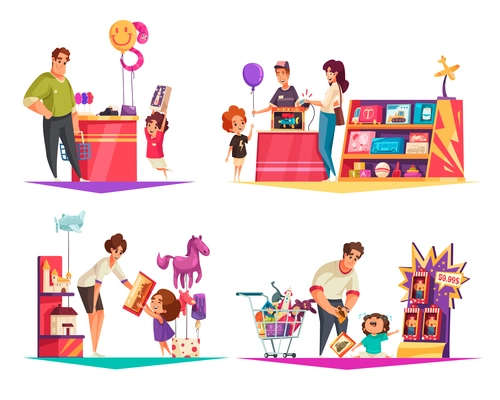 Toys shop 2x2 design concept set of adult and their children in store interior cartoon compositions flat vector illustration