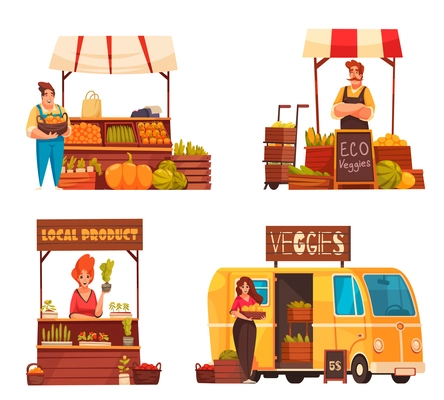 Street fair 2x2 design concept set of local farmers selling eco products outdoor in  summer trade tents cartoon vector illustration