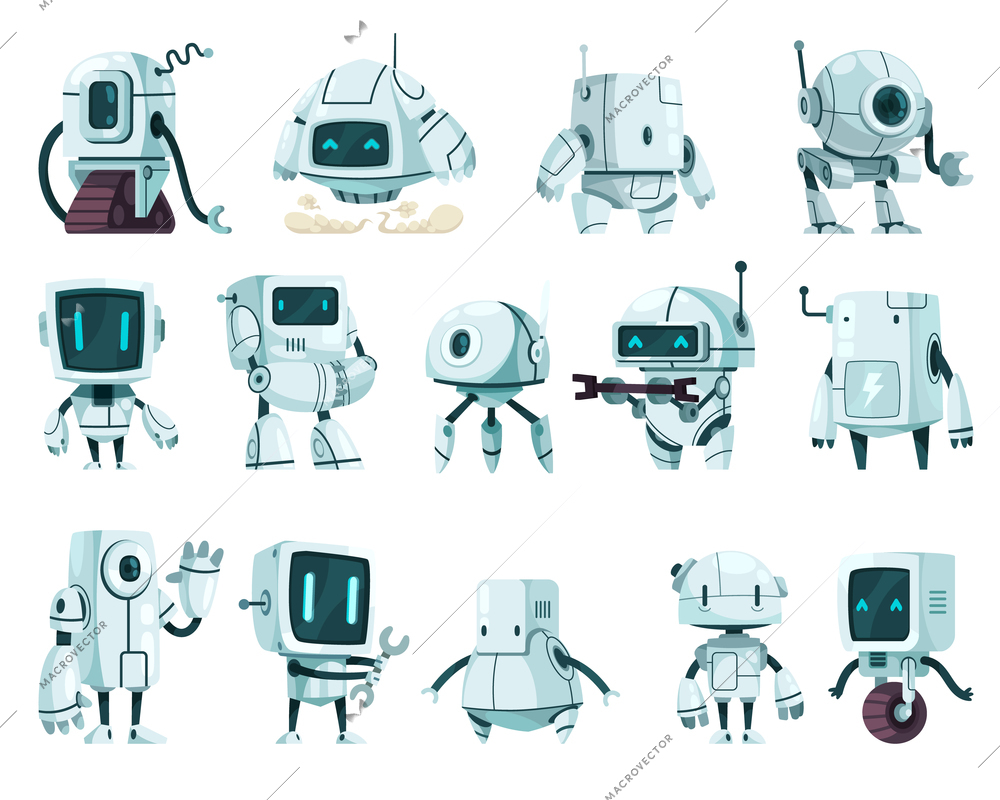 Futuristic robots cute cartoon characters of different shapes functions and construction isolated vector illustration