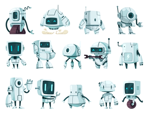 Futuristic robots cute cartoon characters of different shapes functions and construction isolated vector illustration
