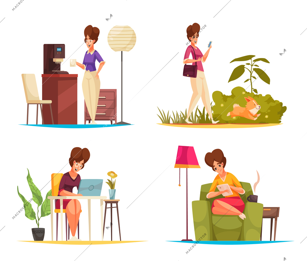 Daily routine 2x2 design concept set of woman characters drinking coffee walking with dog reading book working remote flat compositions cartoon vector illustration