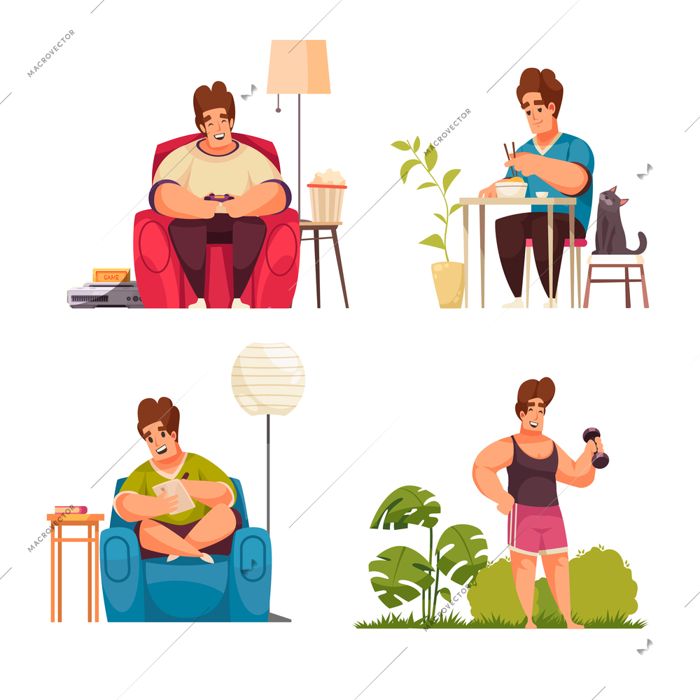 Daily man routine 2x2 design concept set of man characters having breakfast sporting outdoor watching tv flat compositions cartoon vector illustration