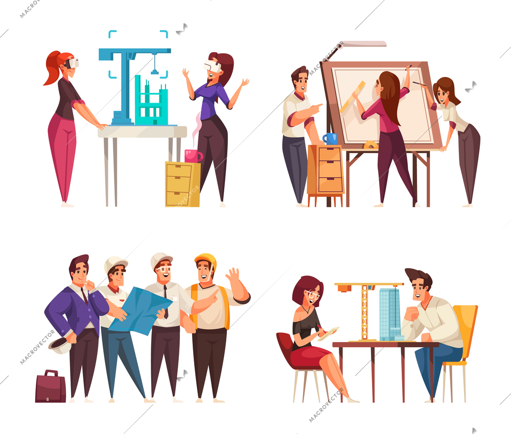 Architect profession 2x2 design concept set of people working in office and outdoor cartoon vector illustration