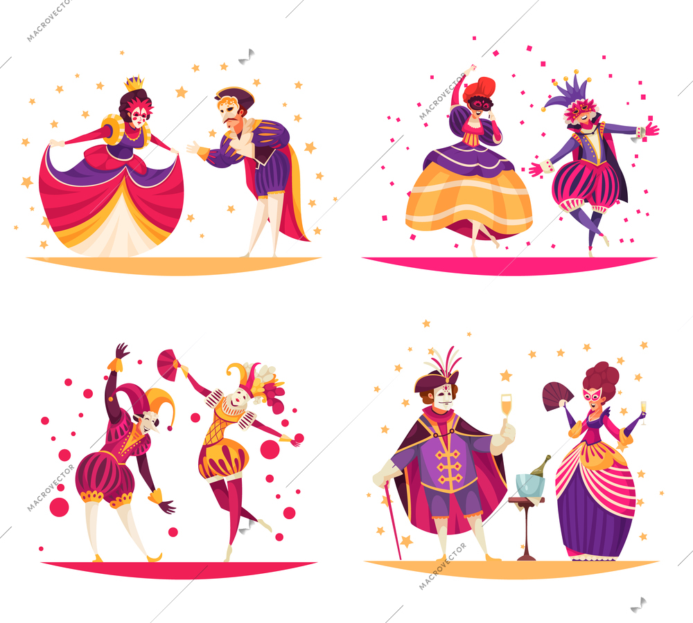 Cartoon set of four compositions with happy people wearing traditional costumes and masks having fun at venetian carnival isolated vector illustration