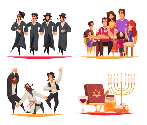 Jewish holiday hanukkah celebration compositions set with happy people food menorah isolated cartoon vector illustration