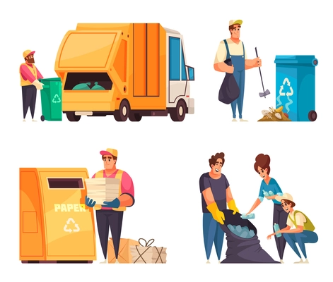 Four cartoon compositions set with happy people collecting and sorting garbage isolated on white background vector illustration