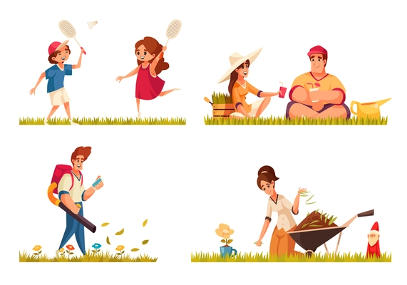 Cartoon compositions set with people resting playing badminton on grass working on green lawn with leaf blower and wheelbarrow isolated vector illustration