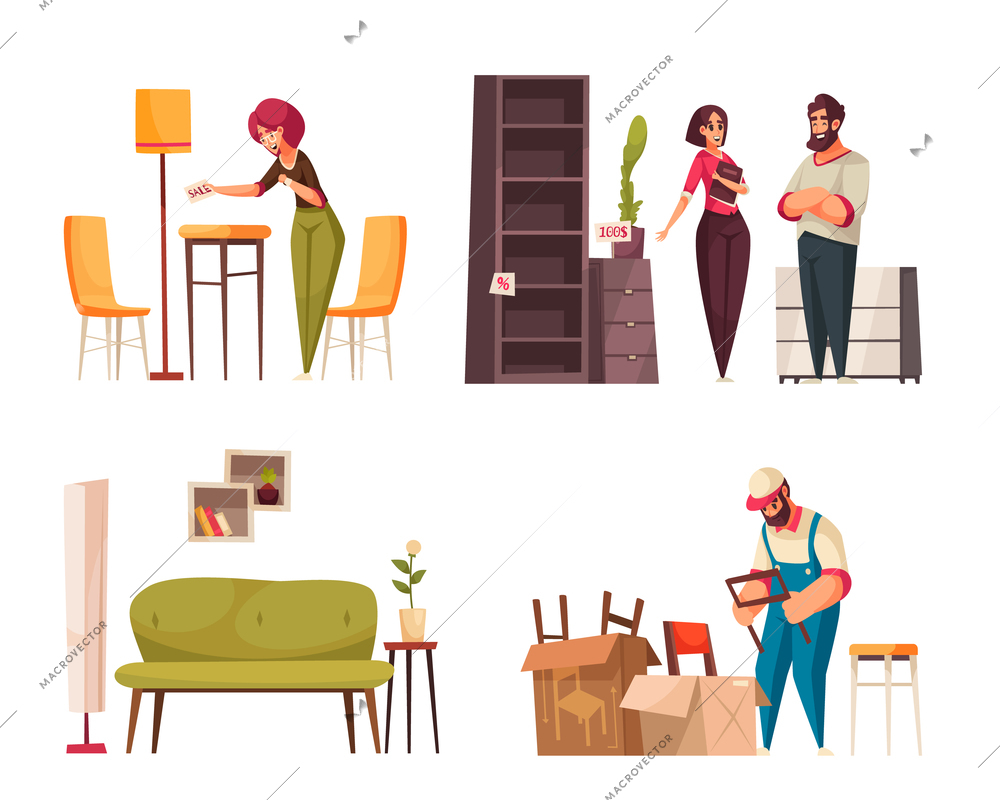 Furniture store 4 cartoon compositions with customers choosing bookcase chest of drawers buying packing chairs vector illustration
