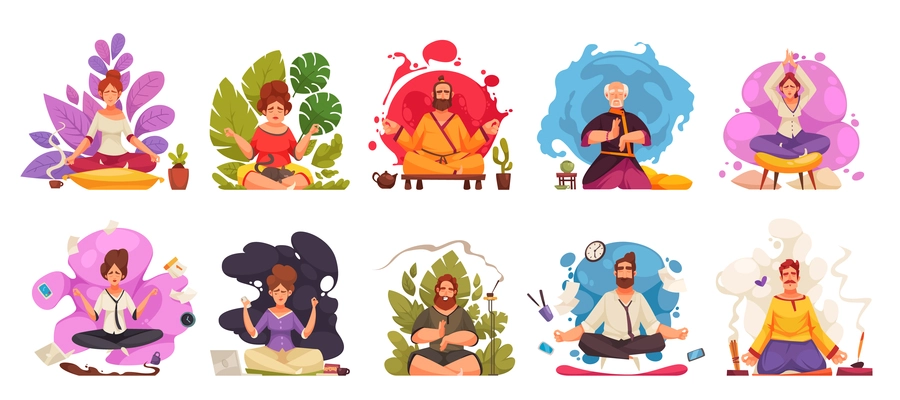 Meditation balance harmony zen yoga practice relaxation lotus pose outdoor aromatherapy 8 cartoon compositions isolated vector illustration