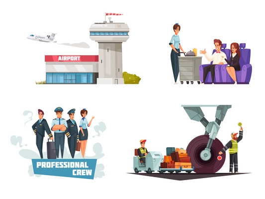 Airport cartoon concept with crew members luggage baggage collection delivery plane takeoff stewardess serving food vector illustration