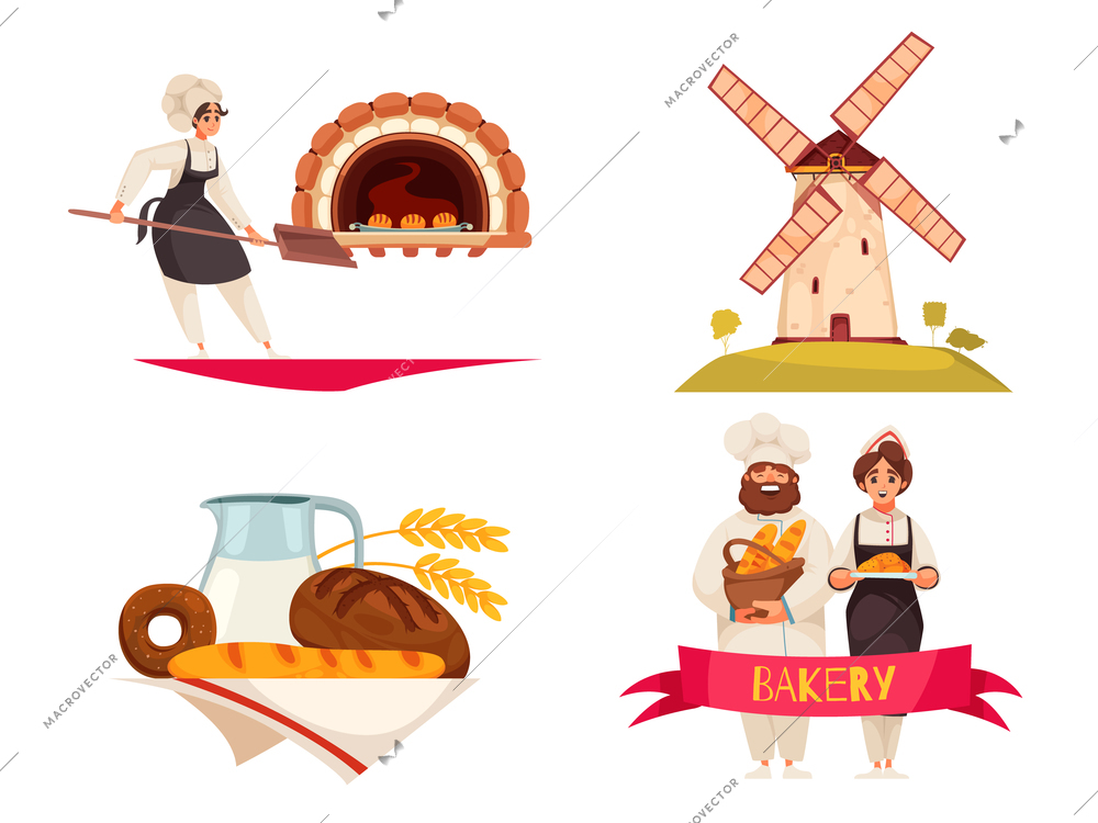 Baker design concept with isolated compositions of doodle style human characters bakery products and mill building vector illustration