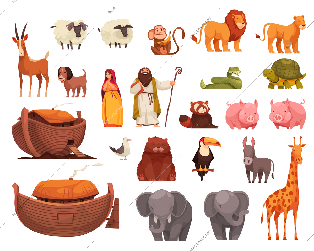 Noahs ark set of isolated icons with human characters of bible characters with animals and boat vector illustration