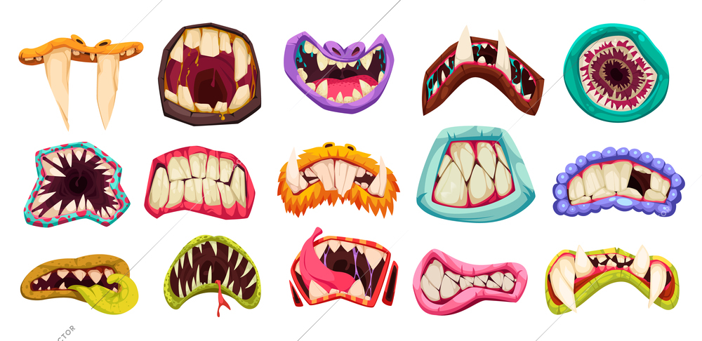 Monster mouth set with isolated images of cartoon style mouths with tusk teeth and colorful lips vector illustration