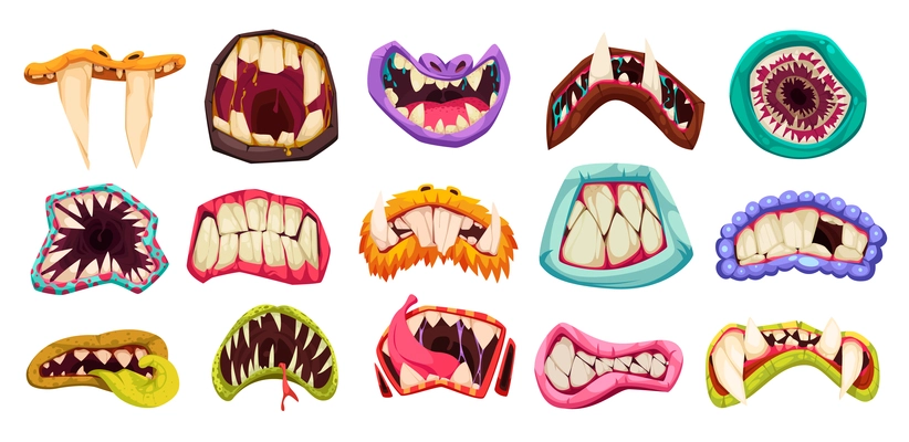 Monster mouth set with isolated images of cartoon style mouths with tusk teeth and colorful lips vector illustration