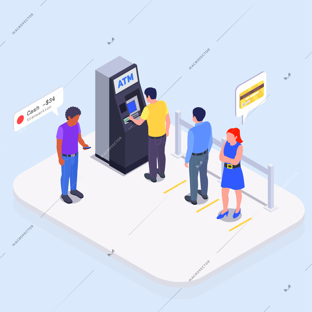 People using interfaces isometric colored composition queue at ATM to withdraw money vector illustration