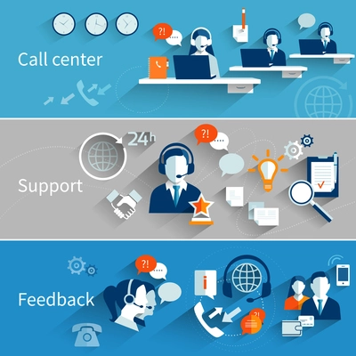 Customer service banners set with call center support feedback isolated vector illustration