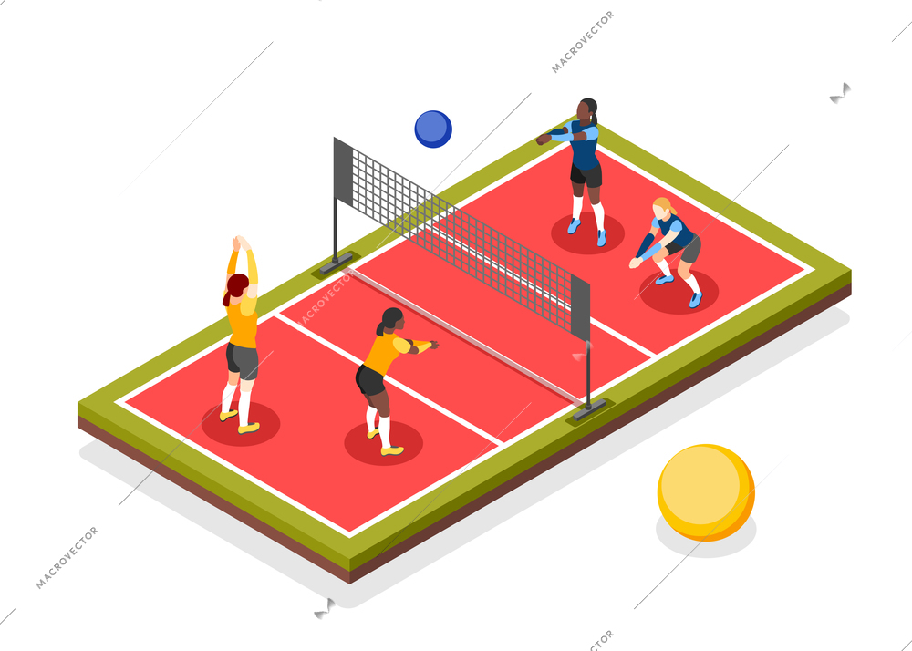 International sport day isometric composition with view of volleyball playground with net and two pair teams vector illustration