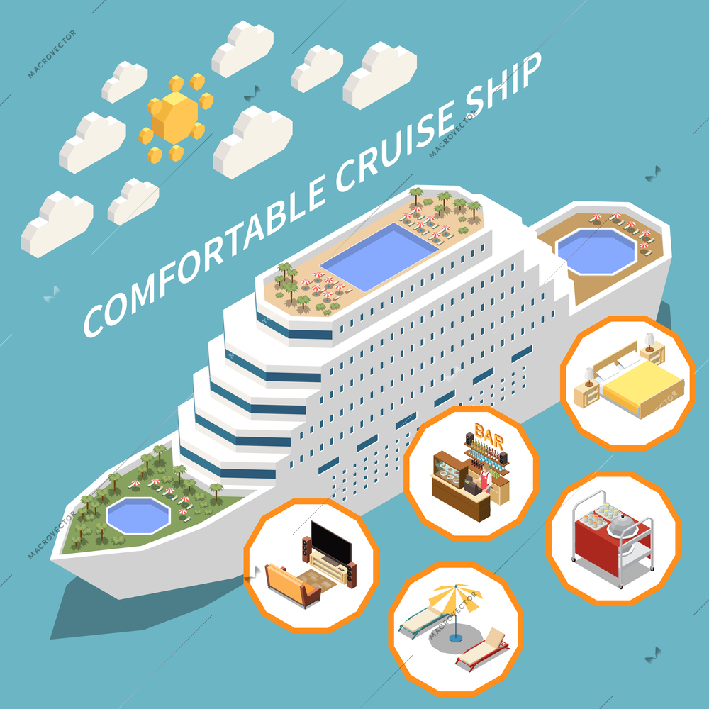 Sea cruise colored isometric concept with comfortable cruise ship description and items indicating amenities vector illustration