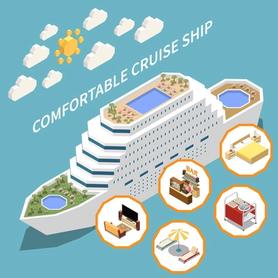 Sea cruise colored isometric concept with comfortable cruise ship description and items indicating amenities vector illustration