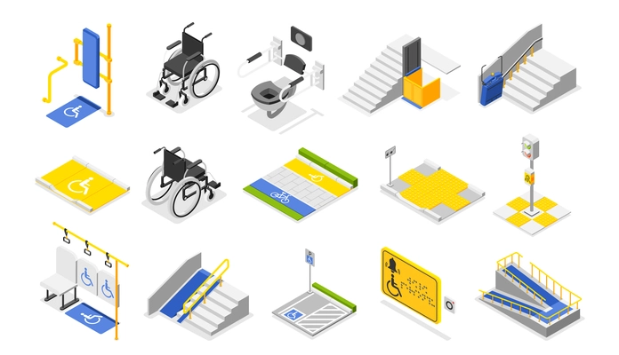 Accessible environment isometric icons set with wheelchair ramps seats and equipment for people with disabilities isolated 3d vector illustration