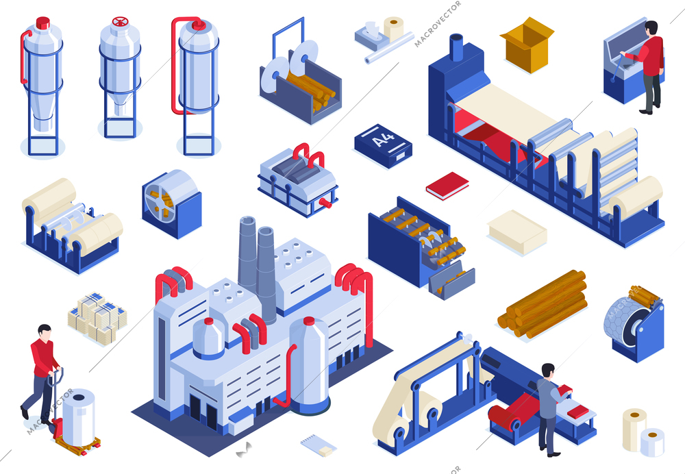 Isometric paper production horizontal set of isolated icons with characters of human operators and industrial facilities vector illustration